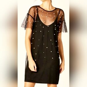 Akira Women's Sheer Mesh Top Pearl Beaded Decor Black Short Sleeves US 8